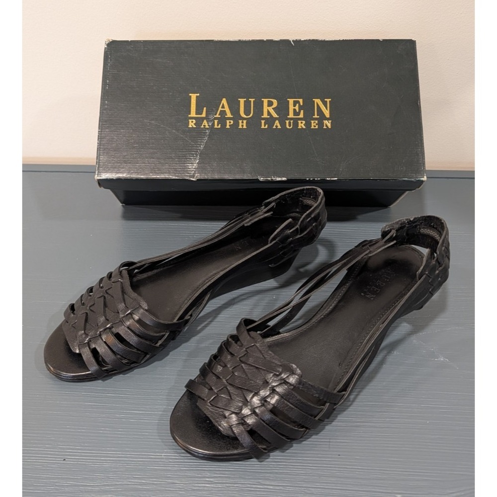 Lauren Ralph Lauren Rahima Black Leather Woven Slingback Wedge Sandals Size 9B